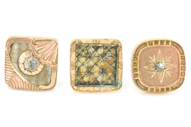 Three Antique 19th C Gold Filled & Paste Buttons: Three Antique 19th C Gold Filled & Paste Buttons. Each is approximately .75 of an inch square.