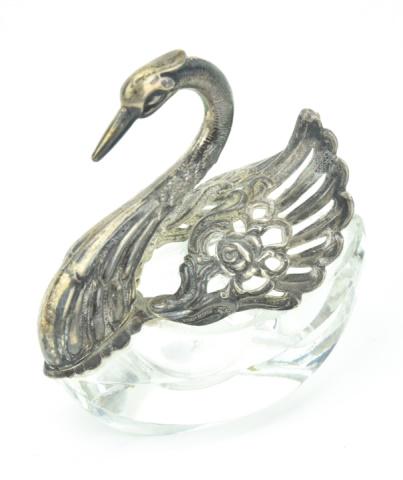 Vintage Silver & Cut Crystal Articulated Wing Swan: Vintage Silver & Cut Crystal Articulated Wing Swan Salt Cellar. Measures 3 inches in length.