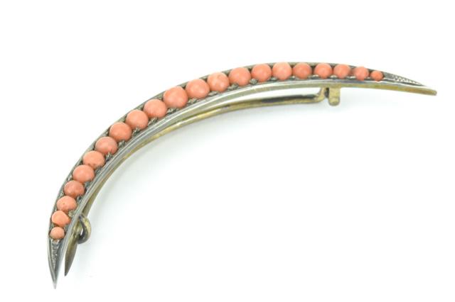 Antique Silver Coral Cabochon Crescent Moon Brooch (1 of 7)