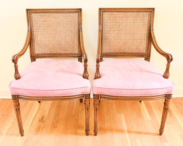 Pair Louis XVI Upholstered Caned Back Armchairs (1 of 8)