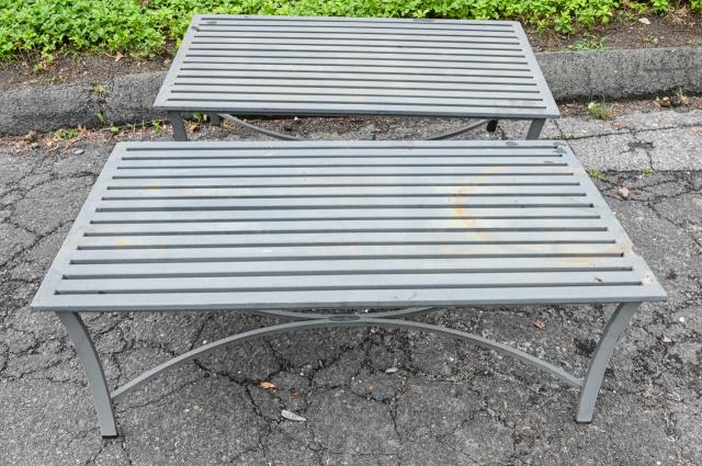 Two Smith and Hawken Green Slatted Outdoor Bench: Two Smith and Hawken Green Slatted Outdoor Metal Bench. 16 inches x 43.75 inches x 24.25 inches.