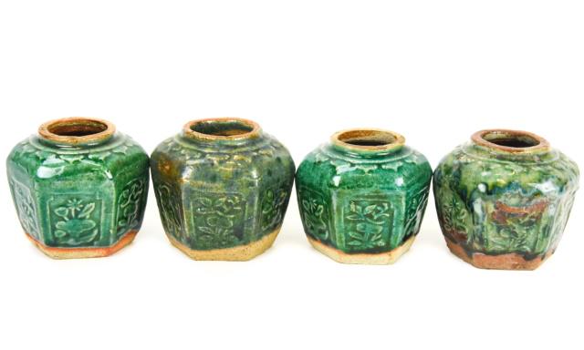 Four Green Chinese Shiwan Hexagon Ginger Jars (1 of 7)