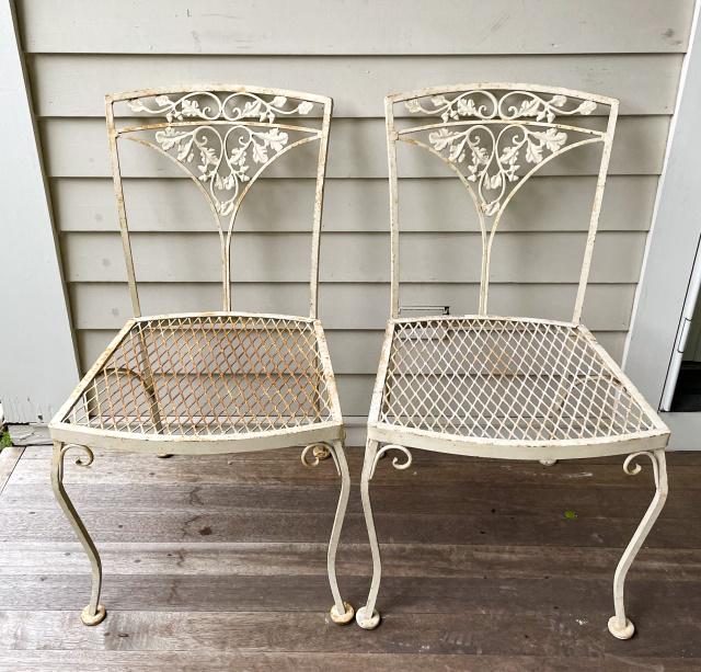 Cast Iron Garden Chairs w Foliate & Acorn Motif: Pair Cast Iron Garden Chairs w Foliate & Acorn Motif. Measures 33.5 inches high x 18 inches wide x 20 inches deeps x 17.5 inches from floor to seat.