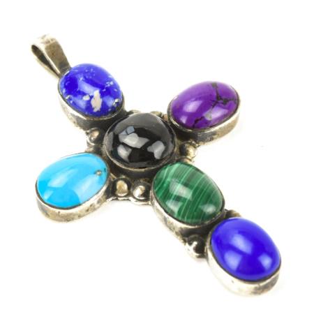 Mexico Sterling Cross Pendant w Cabochon Stones (1 of 6)