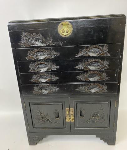 Chinese Black Lacquer Carved Silverware Cabinet: Chinese Black Lacquer Carved Silverware Cabinet with Brass Hardware. 4 drawer cabinet with lower cupboard. Interior red velvet lined. Measures 32.5 inches high x 23 inches wide x 14.5 inches deep.