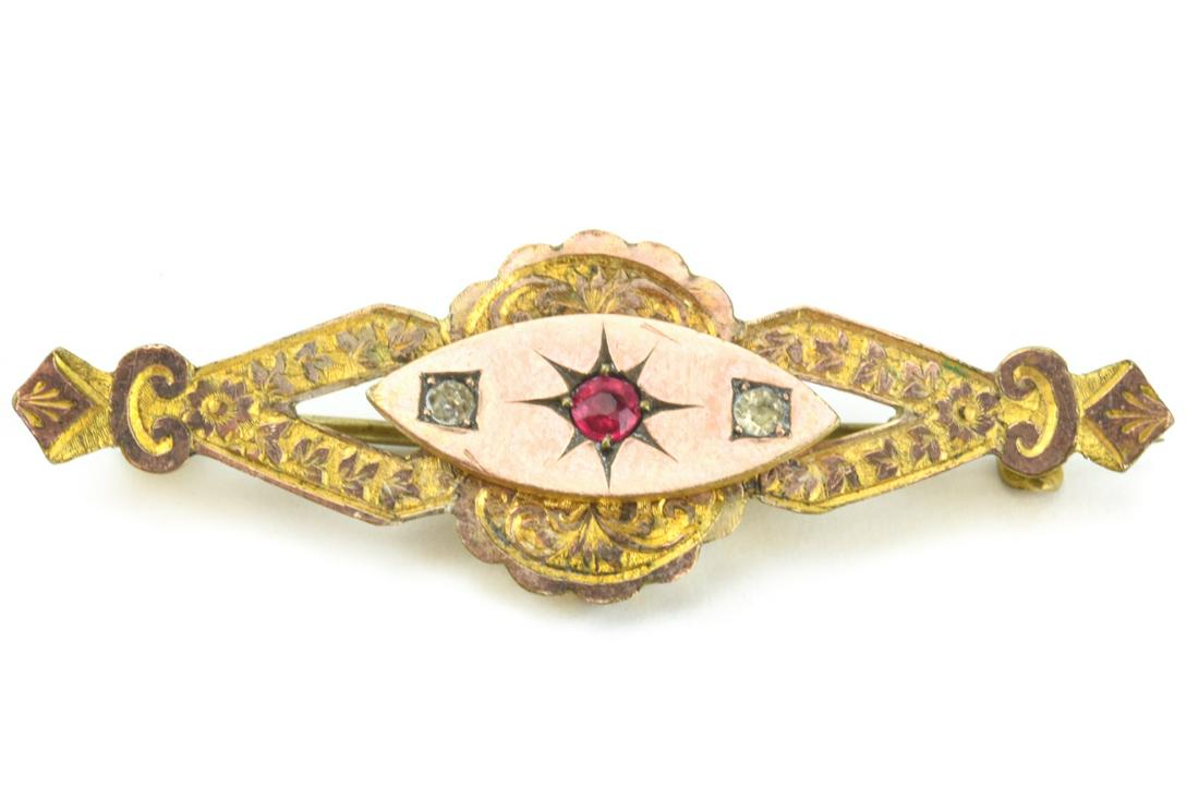 Antique 19th C Gold Topped & Garnet Brooch: Antique 19th C Gold Topped & Garnet Brooch. Antique 19th C Victorian era brooch modeled in gold filled with gold topped plaque at center. Starburst setting garnet and paste stones. Measures 1.75 inche