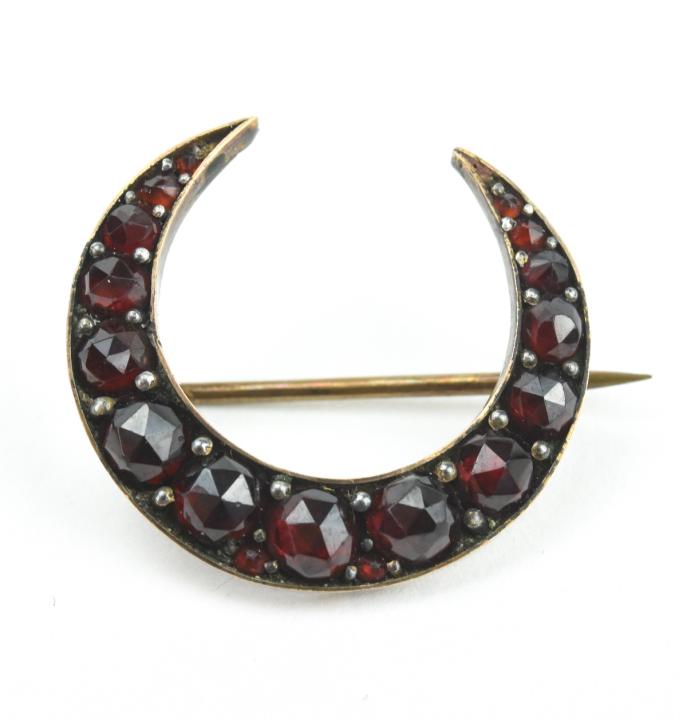 Antique 19th C Rose Cut Garnet Silver Crescent Pin (1 of 6)