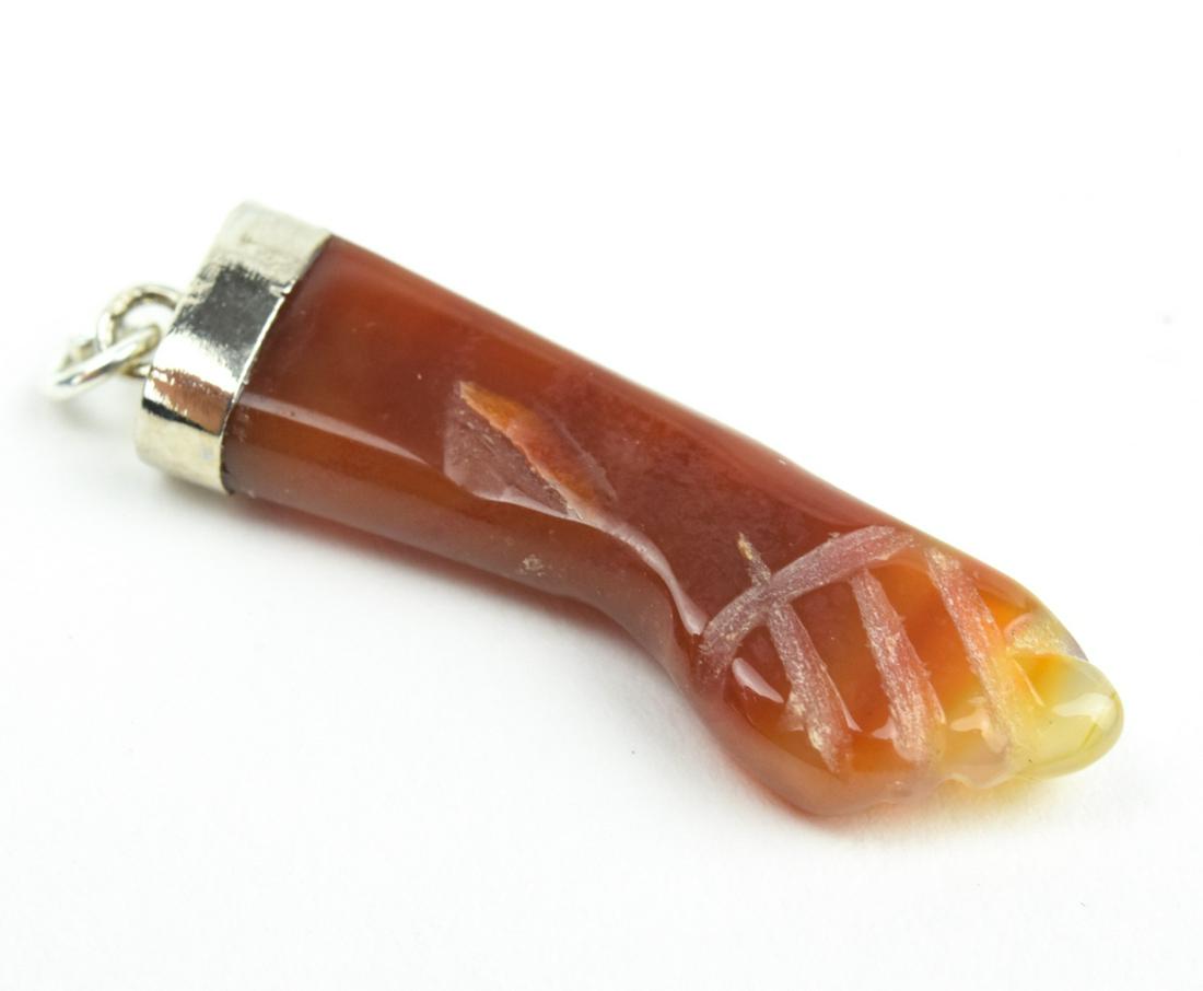 Estate Hand Carved Carnelian Figa Necklace Pendant: Estate Hand Carved Carnelian Figa Necklace Pendant / Charm w Silver Bail. Measures 1.25 inches in length.