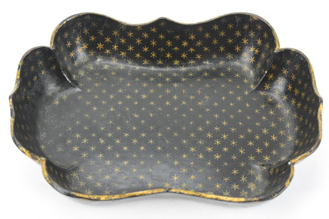 Antique 19th C English Georgian Paper Mache Tray: Antique 19th C English Georgian Paper Mache Tray. With gilt star design. Measures 5.5 x 4 inches.
