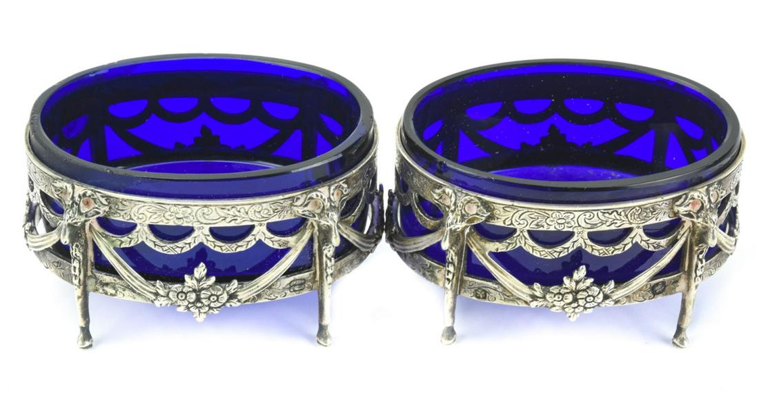 Antique 19th C Sterling Cobalt Glass Salt Cellars (1 of 10)