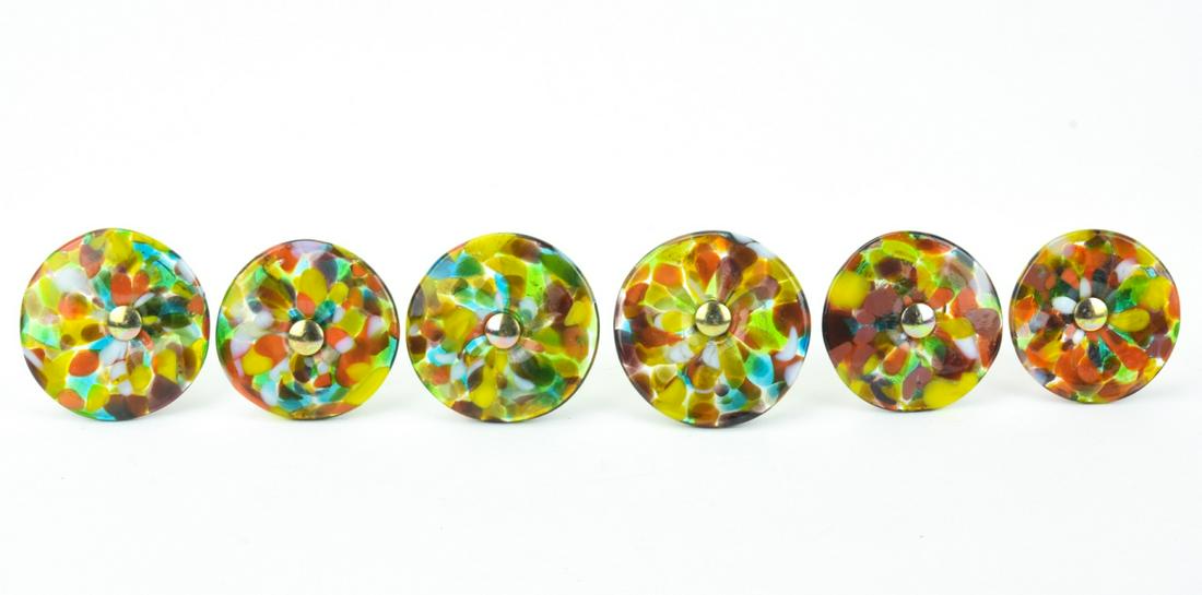 Six Vintage Murano Style Art Glass Curtain Ties: Six Vintage Murano Style Art Glass Curtain Tie Backs. Each measures 2 inches in diameter, 3 inches in length.