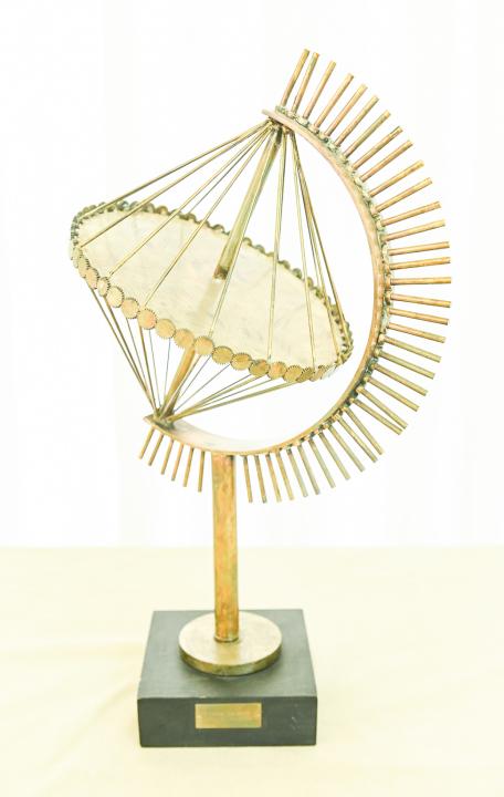 Harry Hauptman Mid C Armillary Statue: Harry Hauptman Mid Century Armillary Statue Titled, "Cosmic Carousel". Measures 21inches high x 21 inches in diameter.