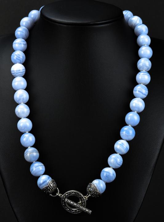 Large Lace Agate Beads Rose Cut Marcasite Necklace (1 of 7)