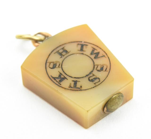 Antique 19th C Masonic HTWSSTKS Pendant or Fob: Antique 19th C Masonic HTWSSTKS Pendant or Fob. Inscribed hardstone necklace pendant / charm / watch fob for the Masonic inscription of Hiram The Widow's Son Sent To King Solomon. Measures just under 