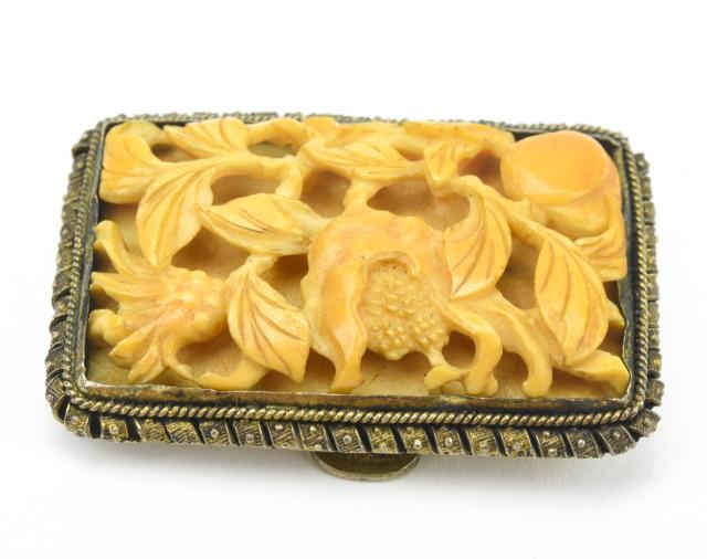 Antique Chinese Silver Buckle w Mounted Carving: Antique Chinese Export Silver Buckle w Mounted Carving. Signed / hallmarked on back. Measures 1.75 inches in width.
