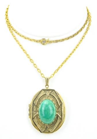 Art Deco Style Jade Glass Locket Pendant on Chain (1 of 8)