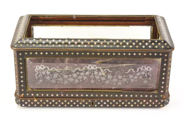 Tantalus Liquor Cabinet W Inlaid Mother Of Pearl: Tantalus Table Top Liquor Cabinet With Inlaid Mother Of Pearl & Etched Glass. 5.25 inches x 11 inches x 5.50 inches.