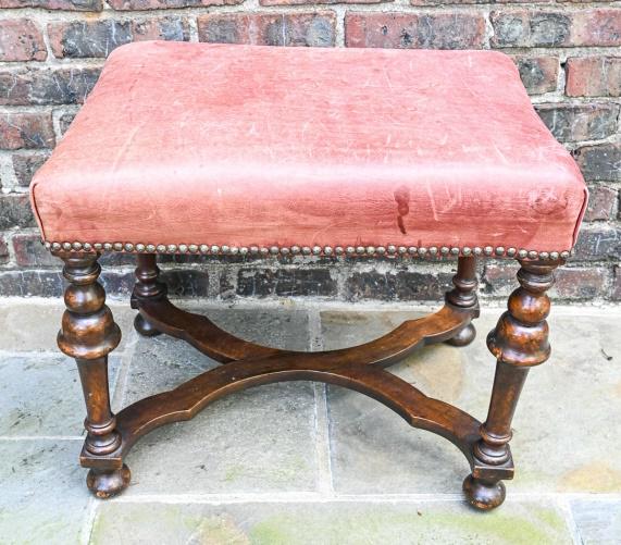 William & Mary Style Leather Upholstered Ottoman (1 of 7)