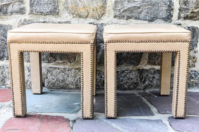 Pair Parsons Style Leather Upholstered Ottomans (1 of 6)