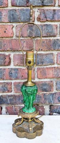 Art Deco Figural Malachite Glass Brass Table Lamp: Art Deco Figural Nude Malachite Glass & Brass Table Lamp. Measures 21 inches x 5.5 inches.