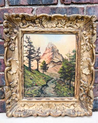 Antique Swiss School Figural Landscape Painting: Antique Swiss School Figural Mountain Landscape Oil Painting on Board. Apparently unsigned. In beautifully carved, period frame. Painting measures 10.75 inches x 8.5 inches. Frame measures 16.75 inche