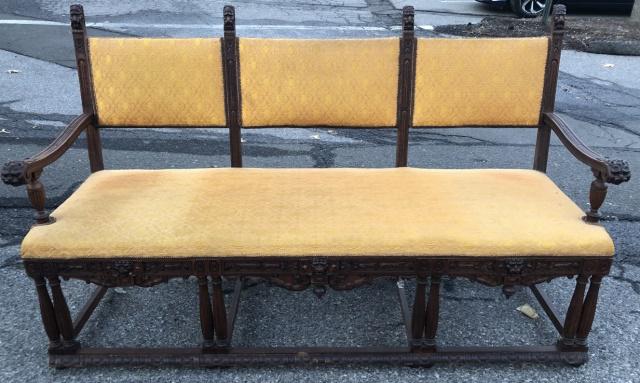 Antique French Renaissance Revival Carved Bench: Antique French Renaissance Revival Carved Bench with Lions Head Motif and Tapestry Upholstery. 43 inches x 72 inches x 25 inches