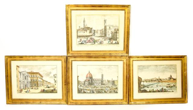 Antique Giuseppe Zocchi Florence Color Engravings: Lot 4 Gilt Framed Antique Giuseppe Zocchi (Italian, 1711-1767) Florence Cityscape Color Engravings. Each titled and with artist name at bottom. Engraving measures 15 inches high x 19.5 inches wide, fr