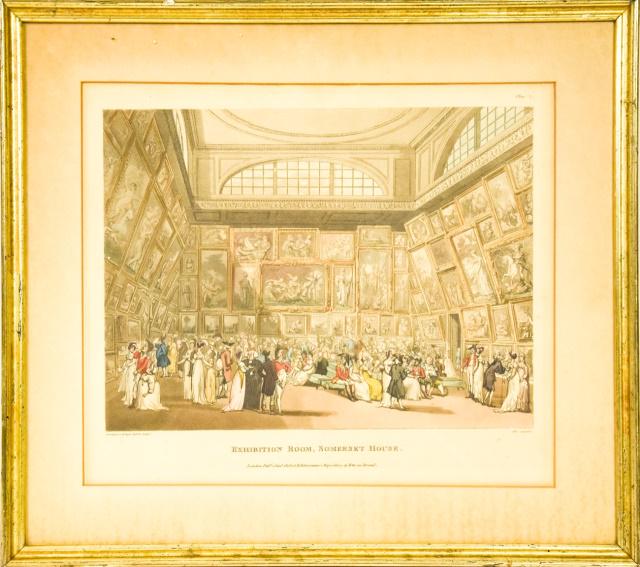 Framed Antique 19th C. Rowlandson Aquatint Etching: Framed Antique Early 19th C. "Exhibition Room, Somerset House" Aquatint Etching. Artist/printmaker: Thomas Rowlandson and Augustus Charles Pugin, Engraved by John Hill, Published by Rudolph Ackermann.