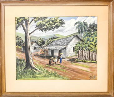 William Edouard Scott Figural Haitian Landscape: Attributed to William Edouard Scott (American, 1884–1964) Figural Haitian Landscape. Signed and dated in bottom right corner. Framed and matted. Painting measures 16.5 inches high x 22 inches wi