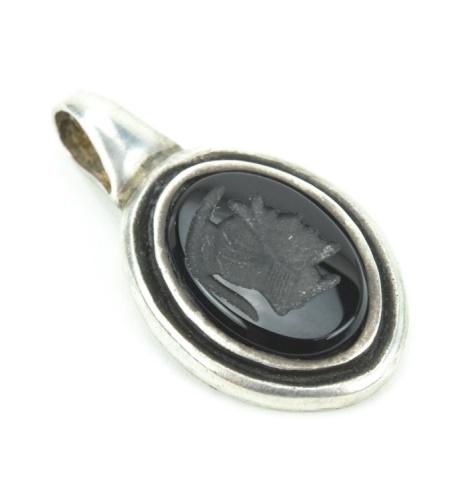 Estate Sterling Silver & Onyx Intaglio Pendant: Estate Sterling Silver & Onyx Intaglio Necklace Pendant. Measures just over 1 inch in length.