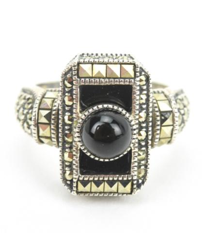 Art Deco Style Marcasite Onyx Sterling Silver Ring (1 of 7)