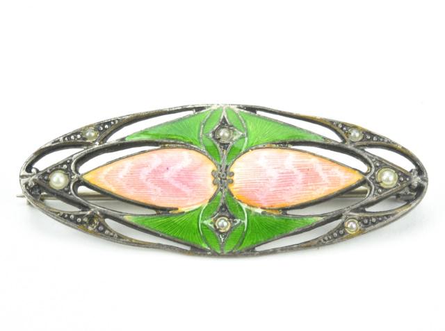 Antique Sterling & Enamel Brooch w Seed Pearls: Antique Edwardian Sterling & Enamel Brooch w Seed Pearls. Hallmarked. Measures 1.75 inches in width.