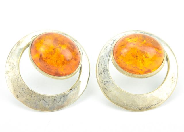 Pair of Sterling Silver & Amber Cabochon Earrings (1 of 5)