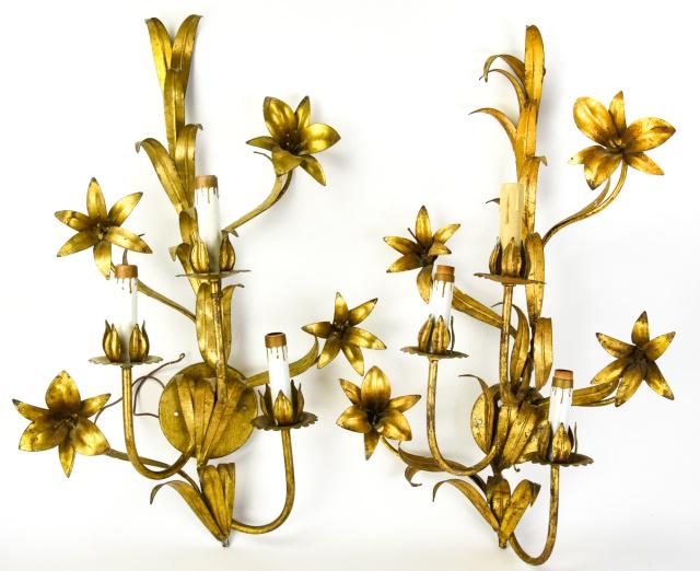 Pair Hollywood Regency Gilt Tole Floral Sconces (1 of 8)