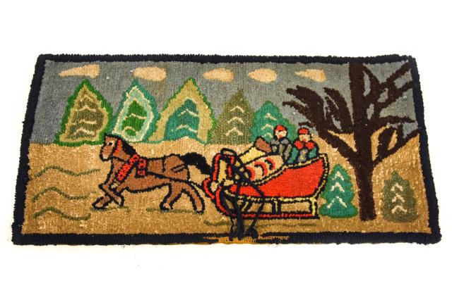 Antique Hand Hooked Rug w Winter Sleigh Motif (1 of 9)