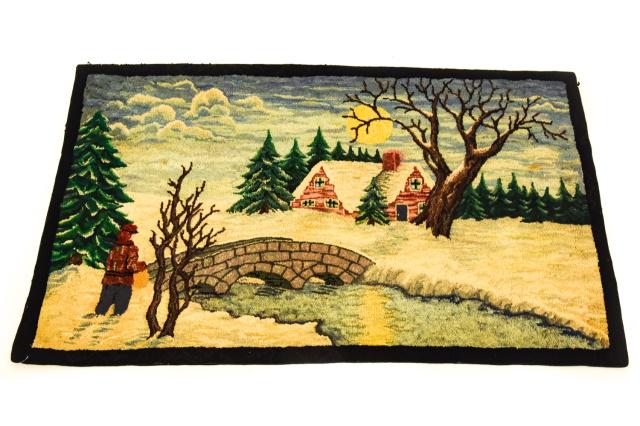 Antique Hand Hooked Rug w Winter Scene Motif (1 of 8)
