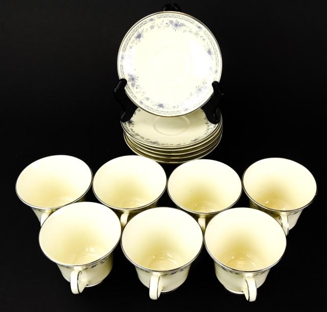7 Minton Bone China "Bellemeade" Cups & Saucers: Set 7 Minton Bone China "Bellemeade" Pattern Teacups & Saucers. Pieces marked on bottom. Saucer measures 5.5 inches in diameter. Cup measures 3 inches high x 3.5 inches in diameter.