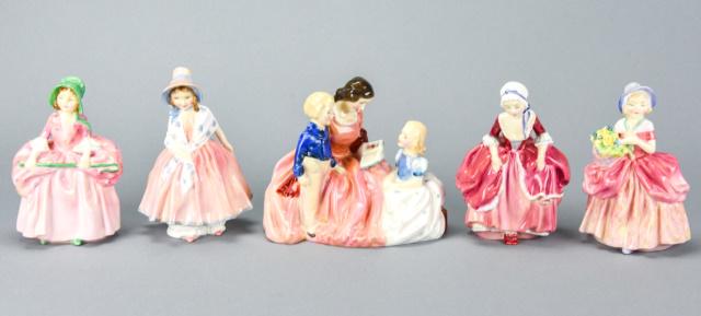 Collection Royal Doulton Bone China Figures: Collection Of Five Signed Royal Doulton Bone China Figures. Including "Good Two Shoes" HN2037, "Bedtime Story" HN2050, "Lily" HN1798, "Cissie" HN1809, & "Bo Peep" Hn1811. Bedtime Story measures 5 inch
