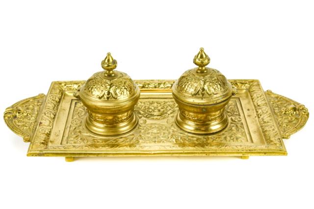 Antique Cast Brass Inkwell Desk Set (1 of 9)