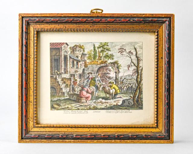 Antique F Bartolozzi Hand Colored Engraving Aprile: Antique Francesco Bartolozzi (Italian, 1725-1815) Hand Colored Engraving "Aprile". Engraving from "The Twelve Months of the Year" Series. Published By Joseph Wagner. Scene of a man and a woman shearin