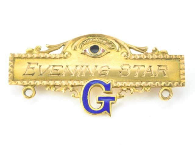 Antique 19th C 10kt Gold & Enamel Eye Bar Brooch: Antique 19th C 10kt Gold & Enamel Eye Bar Brooch. Masonic brooch reading Evening Star with eye and G. Measures just over 1.25 inches in width.