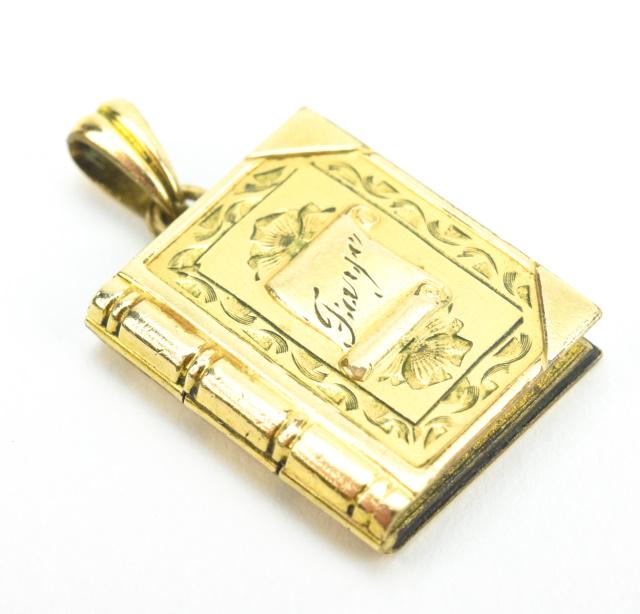 Antique Gold Filled Book Locket Necklace Pendant: Antique Gold Filled Book Locket Necklace Pendant. Measures just over 1 inch in length.