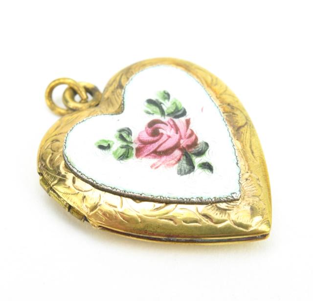 Estate Guilloche Enamel Heart Locket Pendant: Estate Guilloche Enamel Heart Locket Necklace Pendant. Measures 1.25 inches in length.