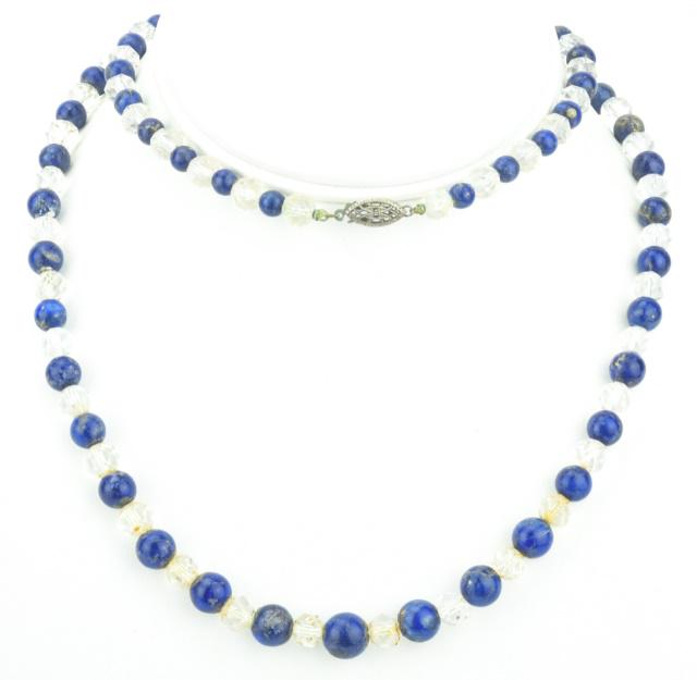 Antique Art Deco Rock Crystal Lapis Bead Necklace: Antique Art Deco Rock Crystal Lapis Bead Necklace. Set with filigree sterling silver navette clasp, faceted rock crystal beads and graduated size round lapis lazuli beads. Measures 30 inches in length