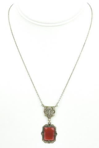 Antique Art Deco Sterling & Carnelian Necklace: Antique Art Deco Sterling Silver & Carnelian Pendant Necklace. Measures 17 inches in length plus the pendant.