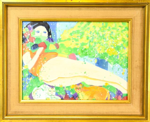 Walasse Ting (Chinese American, 1929 - 2010) Abstract: Attributed to Walasse Ting (Chinese American, 1929 - 2010) Abstract Oil Painting of Reclining Female Nude with Cats. Painting signed on back and titled on back "Love Me, Love Me. Oil on canvas paintin