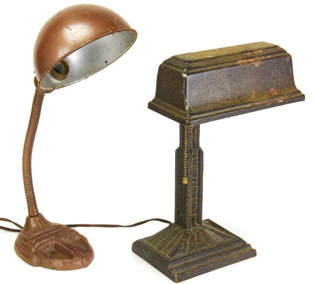 2 Antique Art Deco Banker's & Desk Lamps. For: 2 Antique Art Deco Banker's & Desk Lamps. For restoration. Tallest measures 13 inches x 9 inches x 8 inches.