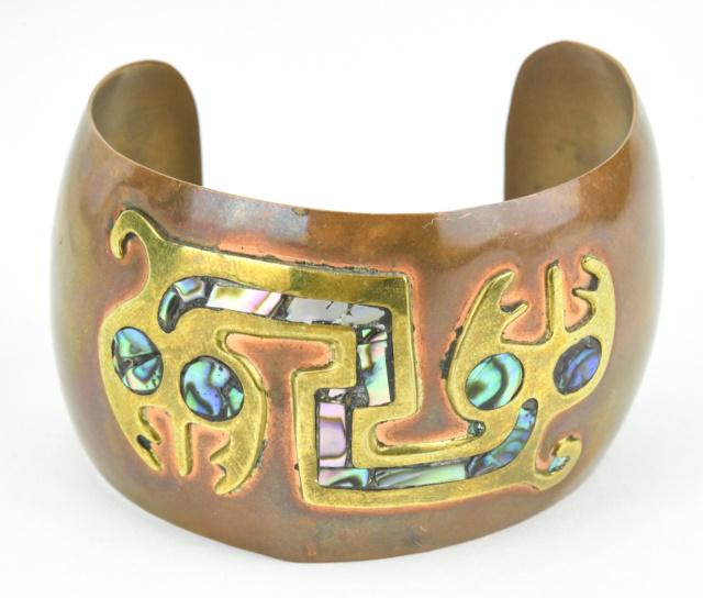 Mexican Hand Wrought Copper & Abalone Cuff: Mexican Hand Wrought Copper & Abalone Cuff. Interior is marked. Interior opening measures 2.25 inches.