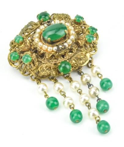 Antique Gold Filigree Brooch Emerald Paste Pearls (1 of 6)