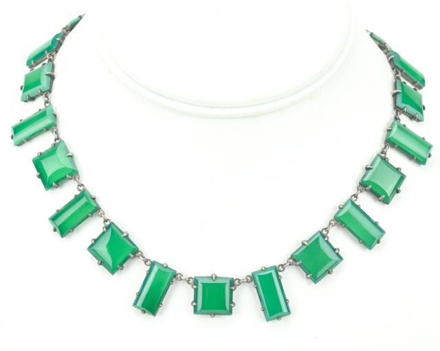 Antique Art Deco Sterling & Poured Glass Necklace: Antique Art Deco Sterling & Poured Glass Necklace. Measures 15 inches in length.